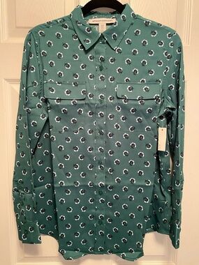 Amazon Essentials Green White Floral Button-Front Blouse…size XS